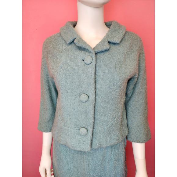 Size XS | Vintage 1960's Light Steel Blue Wool Boucle Knit Skirt Suit Set - Picture 2 of 11